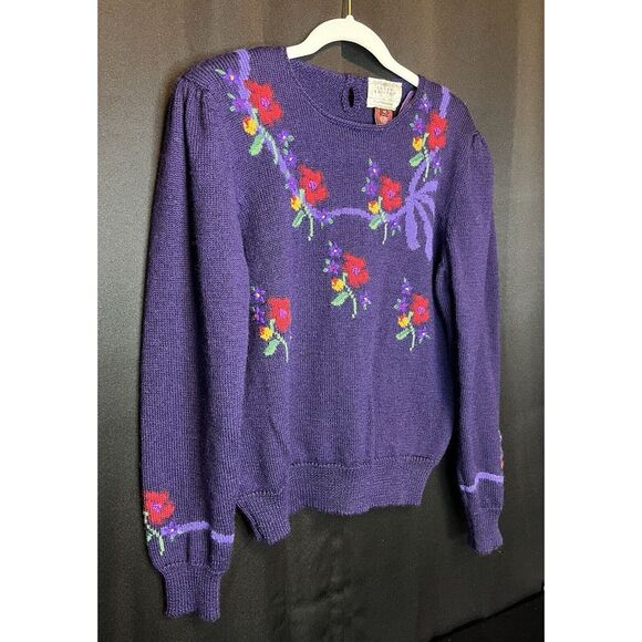 Vintage Susan Bristol Wool Sweater Sz 40 Hand Embroidered Purple Floral Pullover - Picture 7 of 10